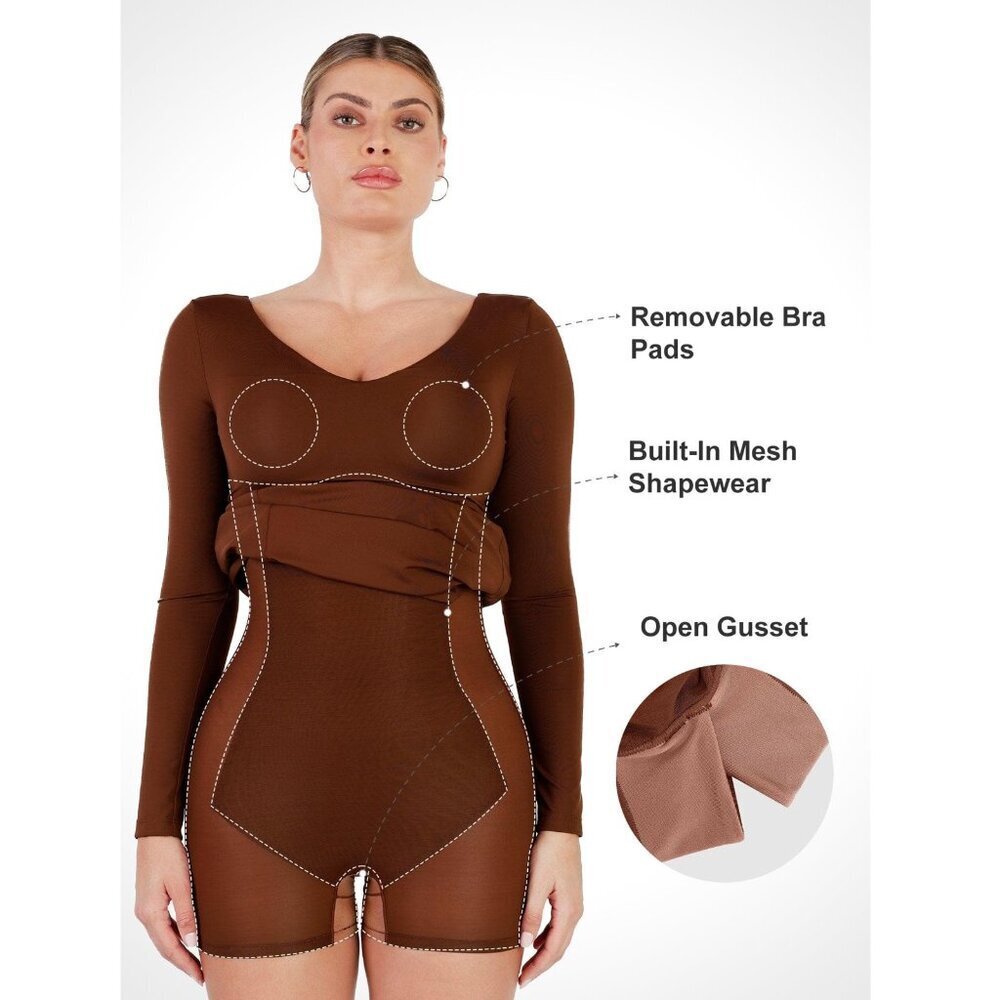 NWT New Popilush Shapewear Long Sleeve V-Neck Low Back Maxi Brown Dress Size M - Picture 2 of 11
